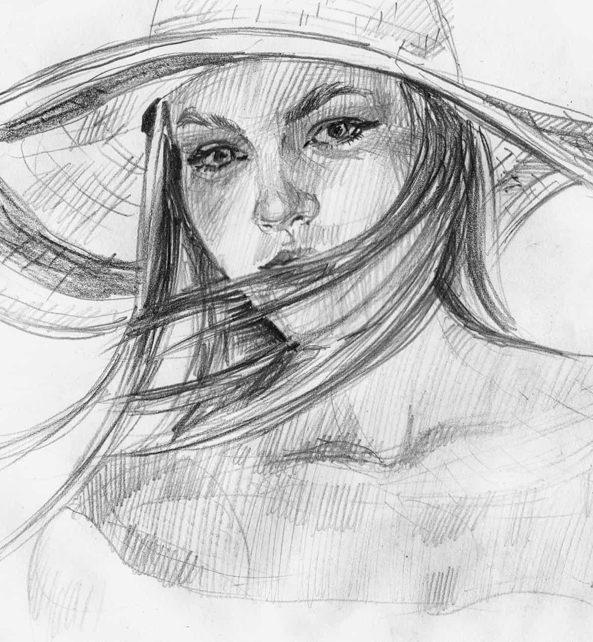Sketch of a woman with flowing long hair and wearing a hat