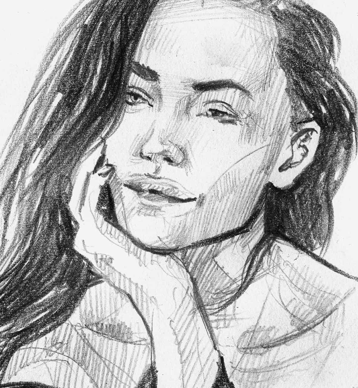Pencil sketch of the brunette woman