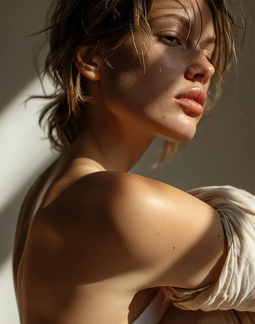 A close-up of a woman's face and shoulder, highlighted by soft light, showcasing natural beauty and a contemplative expression. - Buccal Fat Removal in West Chester Pike Newton Square, PA